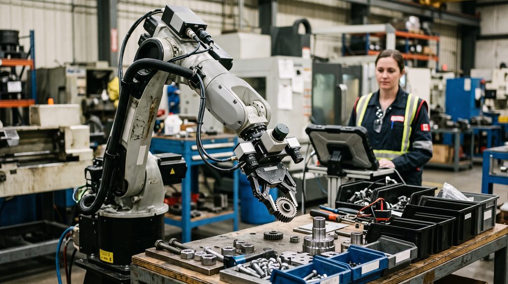 Industrial_robot_manipulating_ob…_2K_20260929134013-1024x572 IA Física (Physical AI): Como Robôs e Sensores Estão Saindo das Telas