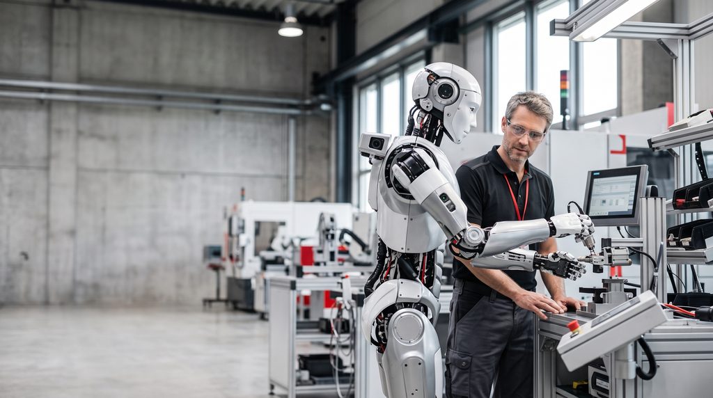 Robot_working_with_human_engineer_2K_20260929133513-1024x572 IA Física (Physical AI): Como Robôs e Sensores Estão Saindo das Telas