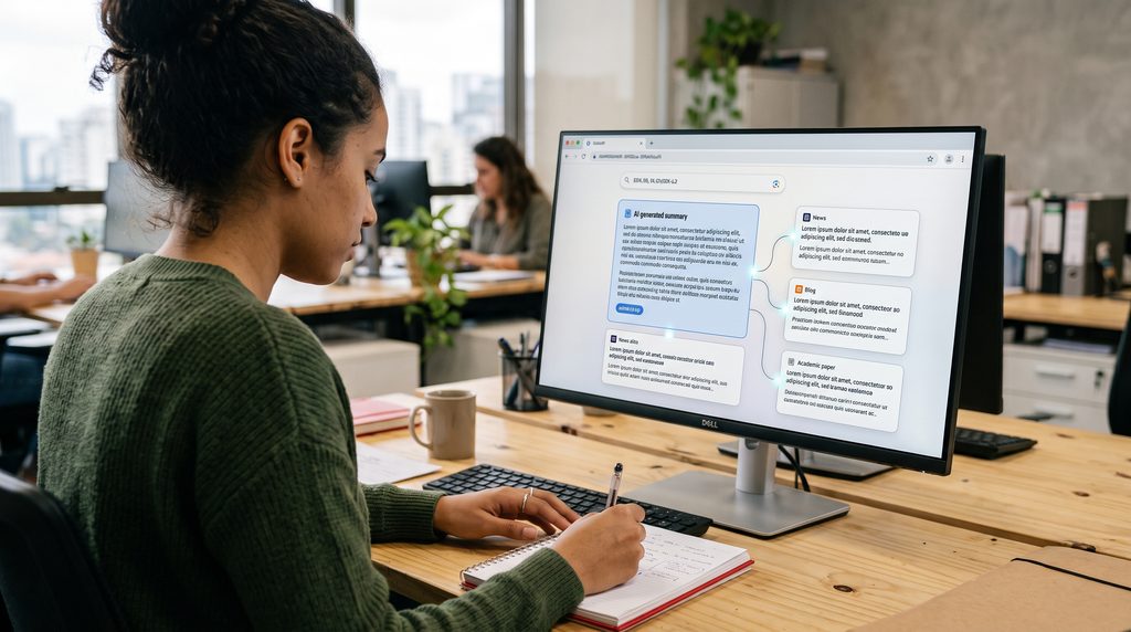 Researcher_reviewing_AI_search_r…_2K_20261001095418-1024x572 SEO em 2026: Como Otimizar Conteúdos para IA (AEO)