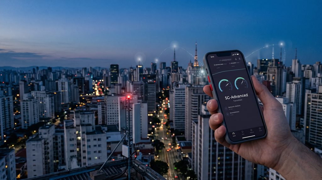 Smartphone conectado a uma rede móvel em uma cidade, representando a evolução do 5G para o 5G Avançado e o 6G.