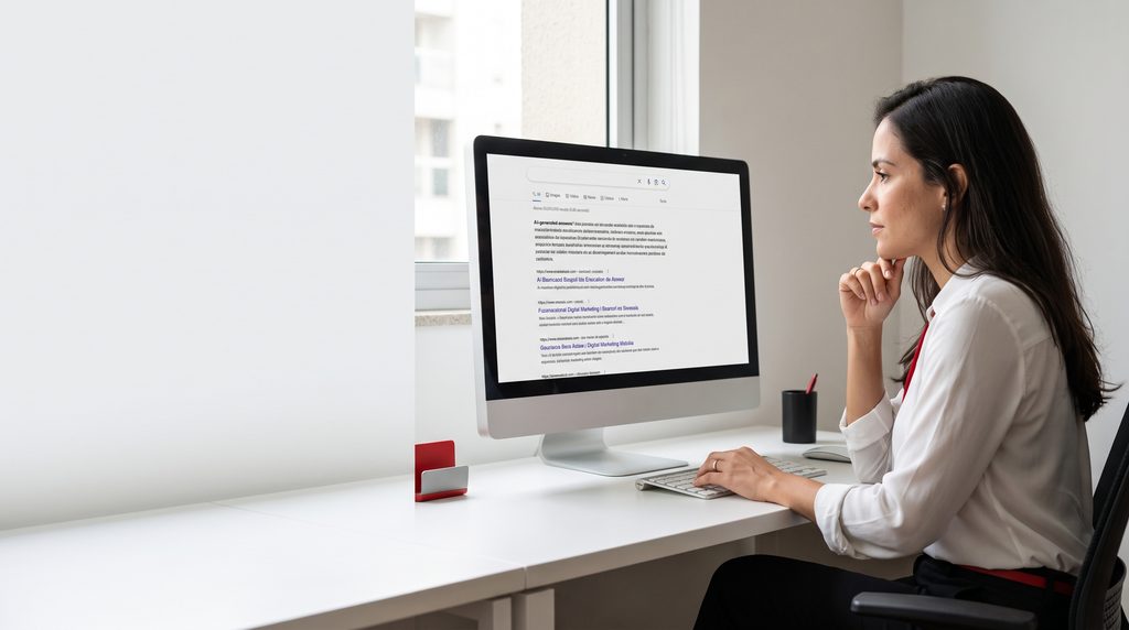 Profissional de marketing digital analisando resultados de busca e respostas geradas por inteligência artificial em um computador.